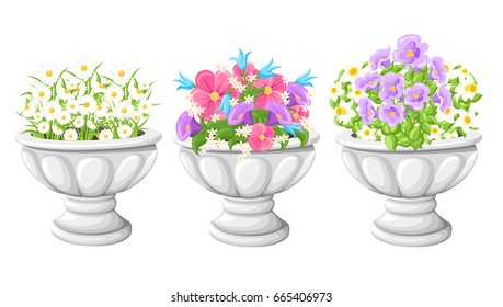 Flower in ceramic grey flowerpots for cultivation of plants. Clay pot in an isometry, isolated on a white background. Web site page and mobile app design vector element.