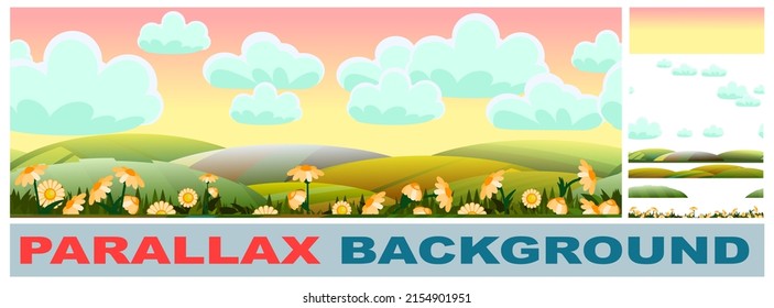 Flower chamomile meadow. Set parallax effect. Rural landscape with garden farmer hills and clouds. Cute funny cartoon design. Horizontally seamless illustration. Flat style. Vector.