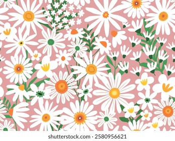 Flower chamomile seamless pattern with hand-drawn floral elements. Blossom botanical vector set for decor, easter, print or textile design