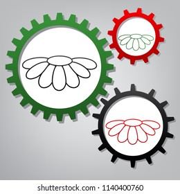 Flower Chamomile sign illustration. Vector. Three connected gears with icons at grayish background.