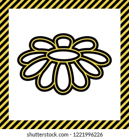 Flower Chamomile sign illustration. Vector. Warm yellow icon with black contour in frame named as under construction at white background. Isolated.