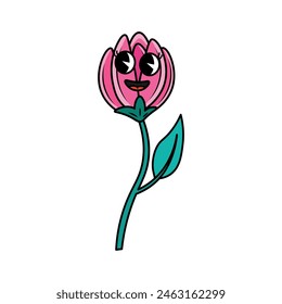Flower character in 70s cartoon style. Vector illustration isolated on white background