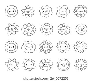 Flower character face outline line art set created using botanical cartoon symbols blooming shapes smile decoration for yours illustration and creative designs projects