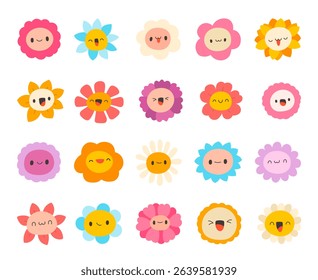 Flower character face scandinavian style set created using botanical cartoon symbols blooming shapes smile decoration for yours illustration and creative designs projects