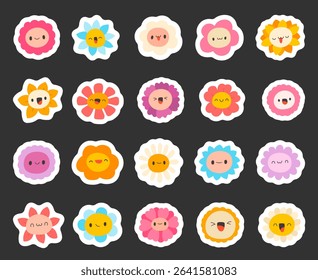 Flower character face scandinavian style set created using botanical cartoon symbols blooming shapes smile decoration for yours illustration and creative designs projects