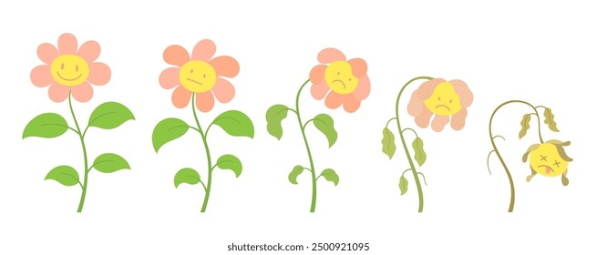 Flower character process of withering. Vector Illustration.