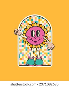 Flower character. Retro cartoon character. Flower sticker. Hippie patch badge. Vintage animation art. Groovy doodle. Cute flower cartoon. Vintage cartoon. 60s and 70s nostalgia.
