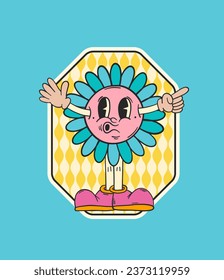 Flower character. Retro cartoon character. Flower sticker. Hippie patch badge. Retro flower. Vintage animation art. Groovy doodle. Vintage cartoon. 60s and 70s nostalgia.