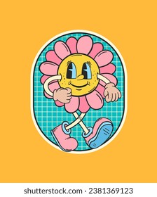 Flower character. Retro cartoon character. Flower sticker. Hippie patch badge. Vintage animation art. Groovy doodle. Vintage cartoon. 60s and 70s nostalgia.