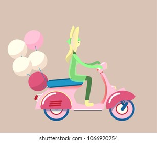 Flower character riding a scooter with baloons on a beige background