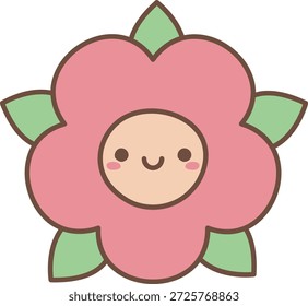 Flower character with rounded petal and leaf, kawaii smiling face with blush and bold outline. Symbol of joy, positivity, nature, kid brand, and friendly mascot appeal. Cartoon vector illustration.