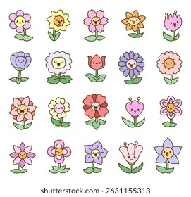 Conjunto de personagens de flores apresenta desenhos animados adoráveis com rostos plantas encantadoras, emoções alegres, flores de primavera e jardim feliz natural para sua ilustração e projetos de designs criativos