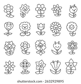 Conjunto de personagens de flores apresenta desenhos animados adoráveis com rostos plantas encantadoras, emoções alegres, flores de primavera e jardim feliz natural para sua ilustração e projetos de designs criativos