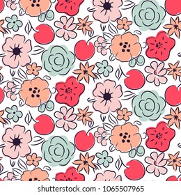 Flower and cherry seamless vector pattern.