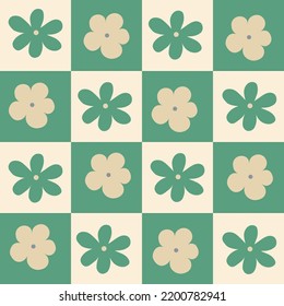 Flower in chess board table vector. Chess table seamless pattern with geometric flowers. Simple and trendy flat vector illustration in retro style.