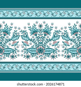Flower chintz indian pattern seamless vector border print. Botanical batik paisley background. Oriental floral ornament motif for decoration fabric, women clothing, scarf, wallpaper design.