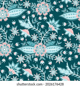 Flower chintz indian pattern seamless vector. Botanical batik paisley background. Arabesque floral print design for clothing, wallpaper, packaging, home textile, wrapping paper.
