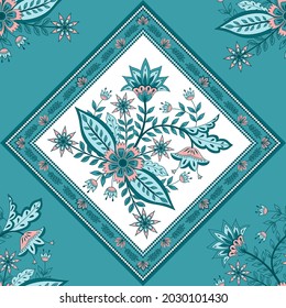Patrón indio de chintz de flor sin costura vectorial. Huella de pañuelo batik botánico. Fondo paisley. Motivos de diseño de adornos florales asiáticos para papel de pared, tela de seda, textiles, manta, ropa, alfombra, alfombra.