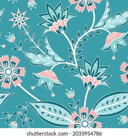 Flower chintz indian pattern seamless vector. Botanical batik paisley background. Indonesian floral print design for wallpaper, clothing, wrapping paper, home textile, sarong.