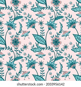 Flower chintz indian pattern seamless vector. Botanical batik paisley background. Ethnic floral print design for women clothing, bedlinen, wallpaper, wrapping paper.