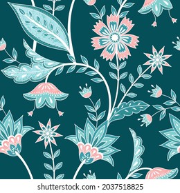 Patrón indio de chintz de flor sin costura vectorial. Antecedentes paisley de batik botánico. Diseño de impresión floral jacobea para papel de pared, ropa, papel de envoltura, desempate, textil.