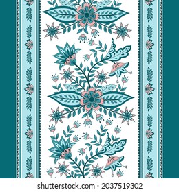 Patrón indio de chintz de flor sin fisuras de la impresión del borde vectorial. Antecedentes paisley de batik botánico. Motivo de adorno floral étnico para tela decorativa, ropa de mujer, pañuelo, diseño de papel pintado.
