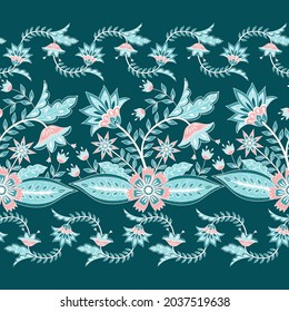 Flower chintz indian pattern seamless vector border. Botanical batik paisley design motif. Horizontal vintage floral ornament print. Indonesian decoration.