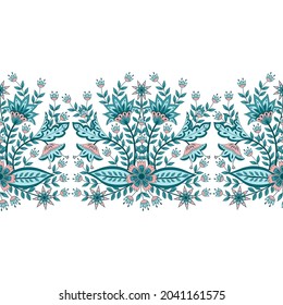 Blumenchintz indianisches Muster nahtlose Vektorgrenze. Botanisches Batik-Paisley-Design-Motiv. Horizontaler Blumendruck im Vintage. Keramikdekoration.