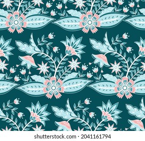 Flower chintz indian pattern seamless vector. Botanical batik paisley border background. Moroccan floral print design for wallpaper, home textile, curtain fabric, clothing, india wedding.