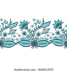 Flower chintz indian pattern seamless vector border. Botanical batik paisley design motif. Horizontal vintage floral ornament print. Porcelain decoration.