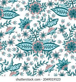 Patrón indio de chintz de flor sin costura vectorial. Antecedentes paisley de batik botánico. Diseño cerámico de estampado floral para papel de pared, textil casero, ropa, bodas, papel envolvente.