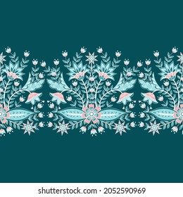 Flower chintz indian pattern seamless vector border. Botanical batik paisley design motif. Horizontal vintage floral ornament print. Damask decoration.