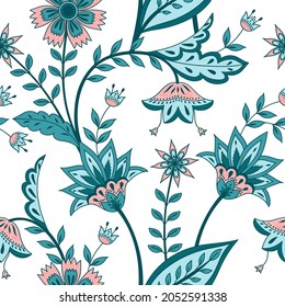 Flower chintz indian pattern seamless vector. Botanical batik paisley background. Oriental floral print design for home textile, bedlinen, clothing, wrapping paper, women dress, wedding.