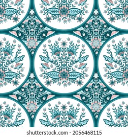 Patrón indio de chintz de flor sin costura vectorial. Fondo de la frontera paisajista del batik botánico. Diseño de estampado floral oriental para papel pintado, tejidos caseros, tela de cortinas, ropa, boda india.