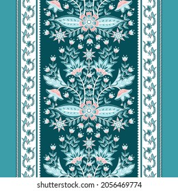 Flower chintz indian pattern seamless vector border print. Botanical batik paisley background. Damask floral ornament motif for decoration fabric, women clothing, scarf, wallpaper design.