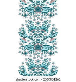 Flower chintz indian pattern seamless vector border. Botanical batik paisley design motif. Vertical vintage floral ornament print. Arabesque decoration.