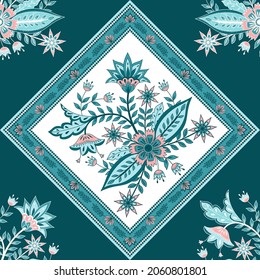 Patrón indio de chintz de flor sin costura vectorial. Huella de pañuelo batik botánico. Fondo paisley. Motivos de diseño de adornos florales turcos para papel de pared, tela de seda, textiles, manta, ropa, alfombra, alfombra.