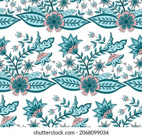 Patrón indio de chintz de flor sin costura vectorial. Fondo de la frontera paisajista del batik botánico. Diseño de impresión floral retro para papel de pared, textiles de casa, tela cortina, ropa, boda india.