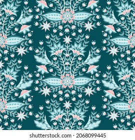 Patrón indio de chintz de flor sin costura vectorial. Fondo de la frontera paisajista del batik botánico. Diseño de impresión floral árabe para papel de pared, textiles de casa, tela de cortinas, ropa, boda india.