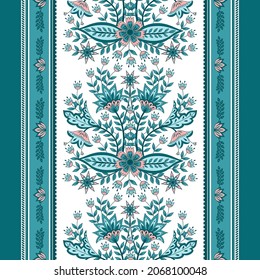 Flower chintz indian pattern seamless vector border print. Botanical batik paisley background. Vintage floral ornament motif for decoration fabric, women clothing, scarf, wallpaper design.