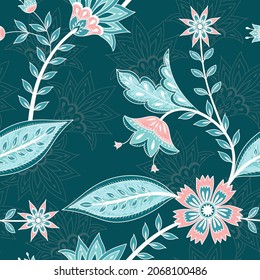 Flower chintz indian pattern seamless vector. Botanical batik paisley background. Jacquard floral print design for wallpaper, clothing, interior, home textile, wedding, wrapping paper.