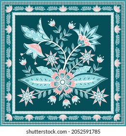 Blumenchintz indianisches Muster, Vektorschal-Druck. Botanischer Batik-Teppichboden. Paisley-Hintergrund. Persisches Blumenmotiv für Seidengewebe, Frauenbekleidung, Teppich, Bandana, Plakat, Keramikfliesen.