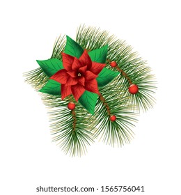 flower christmas decorative with leafs vector illustration design