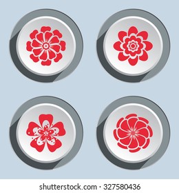 Flower circle 4 icons set. Dahlia, aster, daisy, chamomile, gowan. Floral symbol. Round red flat signs on 3d white gray button. Autumn floral symbol. Vector