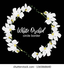 Flower circle border with white orchid illustration. Flower crown, wreath. Floral round frame with tropical plant. Great for greeting card, decoration element, wedding invitation, natural background.