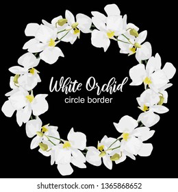 Flower circle border with white orchid illustration. Flower crown, wreath. Floral round frame with tropical plant. Great for greeting card, decoration element, wedding invitation, natural background.