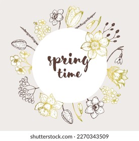 Flower circle concept vector illustration. Spring flowers frame illustration. Greeting card. Design template.