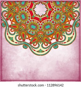 Flower circle design on grunge background with lace ornament. Template frame decoration for card design.