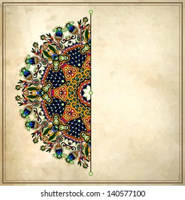 flower circle design on grunge background with lace ornament. Ukrainian pattern on old paper vintage background