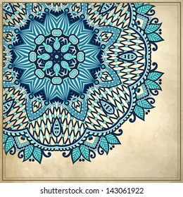 flower circle design on grunge background with lace ornament. Ukrainian pattern on old paper vintage background,
